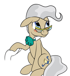 Size: 3728x4031 | Tagged: safe, artist:trash anon, imported from ponybooru, mayor mare, earth pony, pony, blushing, disembodied hand, embarrassed, female, floppy ears, glasses, hand, holding hooves, hoof hold, mare, offscreen character, simple background, sitting, smiling, solo focus, white background, wholesome