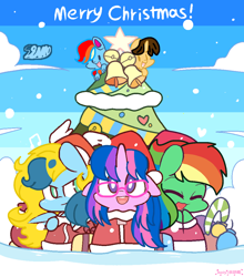 Size: 1080x1227 | Tagged: safe, artist:徐詩珮, imported from ponybooru, oc, oc:brush prism, oc:ej, oc:hsu amity, oc:lightning chaser, oc:rainbow eevee, christmas, hasbro, holiday, my little pony