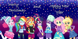 Size: 3380x1700 | Tagged: safe, artist:liniitadash23, imported from derpibooru, applejack, fluttershy, pinkie pie, rainbow dash, rarity, sci-twi, sunset shimmer, twilight sparkle, equestria girls, equestria girls series, applejack's hat, bracelet, christmas, clothes, coat, cowboy hat, dress, earmuffs, glasses, gloves, happy holidays, happy new year, hat, headband, holiday, humane five, humane seven, humane six, jewelry, looking at each other, looking at someone, looking at you, merry christmas, mittens, multicolored hair, new year, new years eve, open mouth, pencil skirt, photo, ponytail, rah rah skirt, rarity peplum dress, scarf, skirt, smiling, smiling at you, sunglasses, winter, winter clothes, winter hat, winter outfit