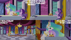 Size: 1280x720 | Tagged: safe, edit, edited screencap, editor:quoterific, imported from derpibooru, screencap, princess celestia, starlight glimmer, alicorn, pony, unicorn, a royal problem, season 7, ^^, aweeg*, crown, cute, eating, eyes closed, female, food, fork, glimmerbetes, jewelry, magic, mare, open mouth, open smile, pancakes, regalia, smiling, telekinesis