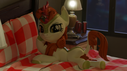 Size: 3840x2160 | Tagged: safe, artist:xppp1n, imported from ponybooru, autumn blaze, kirin, 1911, bed, bedsheets, blender, blender cycles, christmas, cloven hooves, holiday, laying on bed, looking at you, lying down, mistletoe, monster energy, on bed, pillow, raised eyebrow, raised hoof, raised leg, smiling, solo
