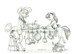 Size: 1500x1097 | Tagged: safe, artist:baron engel, imported from derpibooru, apple bloom, granny smith, earth pony, pony, female, filly, foal, mare, monochrome, pencil drawing, traditional art