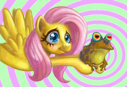Size: 475x325 | Tagged: safe, artist:arimovergremrider, imported from derpibooru, fluttershy, pegasus, pony, toad, animated, blinking, female, gif, hypnotoad, mare, smiling, this will end in hypnosis