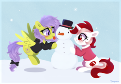 Size: 4200x2900 | Tagged: safe, artist:darkynez, imported from derpibooru, oc, oc only, oc:chelsea (rhstrings), oc:ruby heartstrings (rhstrings), pegasus, pony, unicorn, bow, clothes, commission, hat, holly, hoodie, signature, snow, snowflake, snowman, sweater, tongue out, top hat