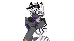 Size: 3840x2160 | Tagged: safe, artist:heather, imported from derpibooru, oc, oc only, oc:palatinatus clypeus, oc:purple flame, pony, unicorn, zebra, duo, duo male, eye scar, eyebrows, eyebrows visible through hair, freckles, gay, high res, horn, hug, looking at each other, looking at someone, male, oc x oc, scar, shipping, simple background, size difference, smiling, stallion, transparent background, unicorn oc, zebra oc