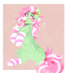 Size: 1000x1077 | Tagged: safe, artist:wanderingpegasus, imported from derpibooru, minty, earth pony, pony, :p, blushing, clothes, cute, female, mare, markings, sitting, socks, solo, striped socks, tongue out