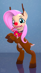 Size: 2160x3840 | Tagged: safe, artist:owlpirate, imported from derpibooru, fluttershy, pegasus, pony, 3d, animal costume, candy, candy cane, christmas, costume, cute, female, food, high res, holiday, mare, mouth hold, rearing, red nose, reindeer costume, rudolph the red nosed reindeer, shyabetes, solo, source filmmaker