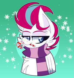 Size: 1711x1796 | Tagged: safe, artist:saveraedae, imported from derpibooru, zipp storm, pegasus, pony, bust, candy, candy cane, cheek fluff, chest fluff, clothes, folded wings, food, g5, looking at you, my little pony: a new generation, scarf, snow, snowflake, solo, striped scarf, wings