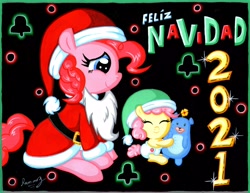 Size: 6544x5041 | Tagged: safe, artist:rammzblood, imported from derpibooru, li'l cheese, pinkie pie, earth pony, pony, the last problem, christmas, clothes, costume, duo, eyes closed, feliz navidad, female, hat, holiday, male, merry christmas, mother and child, mother and son, plushie, santa costume, santa hat, spanish