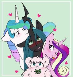 Size: 3097x3250 | Tagged: safe, artist:chub-wub, imported from derpibooru, princess cadance, princess celestia, queen chrysalis, oc, oc:fluffle puff, alicorn, changeling, pony, :p, annoyed, blushing, cadalis, canon x oc, chrysipuff, chryslestia, female, grin, heart, high res, lesbian, lip bite, mare, one eye closed, queen chrysalis is not amused, shipping, smiling, tongue out, unamused, wink