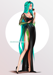 Size: 2893x4092 | Tagged: safe, artist:minamikoboyasy, imported from derpibooru, queen chrysalis, human, breasts, cleavage, clothes, eyes closed, female, flower, high res, humanized, rose, shoes, simple background, solo, white background