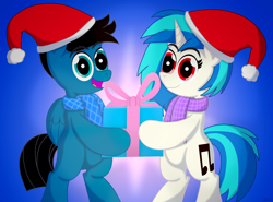 Size: 8896x6600 | Tagged: safe, artist:agkandphotomaker2000, imported from derpibooru, dj pon-3, vinyl scratch, oc, oc:pony video maker, pegasus, pony, unicorn, bipedal, canon x oc, christmas, clothes, female, folded wings, hat, hearth's warming eve, holding, holiday, looking at you, male, open mouth, present, red eyes, santa hat, scarf, shipping, simple background, straight, videoscratch, wings