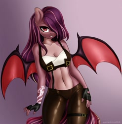 Size: 1972x2000 | Tagged: safe, artist:yutakira92, imported from derpibooru, oc, oc only, oc:delilah garnet, anthro, bat pony, bat wings, belly button, breasts, cleavage, clothes, female, fingerless gloves, gloves, hair over one eye, lidded eyes, looking at you, midriff, smiling, solo, spread wings, wings