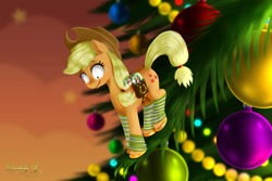 Size: 2625x1750 | Tagged: safe, artist:darksly, imported from derpibooru, applejack, earth pony, pony, acrophobia, appletini, christmas, christmas tree, clothes, holiday, looking down, micro, socks, striped socks, tiny, tiny ponies, tree, wavy mouth