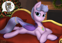 Size: 2224x1564 | Tagged: safe, alternate version, artist:dash wang, edit, imported from derpibooru, queen haven, oc, oc:devin, bat pony, pegasus, pony, bat pony oc, bedroom eyes, blood, canon x oc, christmas, couch, female, fireplace, g5, heart, holiday, inviting, jewelry, looking at you, love, lying down, male, mare, milf, my little pony: a new generation, necklace, nosebleed, regalia, room, shipping, stallion, straight, wreath