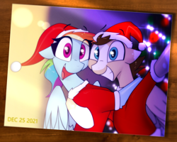 Size: 3868x3099 | Tagged: safe, artist:fenixdust, imported from derpibooru, rainbow dash, oc, oc:skittle, pegasus, canon x oc, christmas, female, hat, high res, holiday, hug, male, photo, santa hat, selfie, shipping, skidash, straight