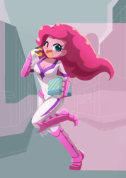 Size: 1280x1801 | Tagged: safe, artist:howxu, imported from derpibooru, fili-second, pinkie pie, equestria girls, boots, breasts, busty pinkie pie, cleavage, clothes, commission, costume, donut, fast, food, gloves, motorcross, one eye closed, open mouth, power ponies, shoes, solo, superhero