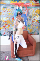 Size: 800x1200 | Tagged: safe, artist:cosplaydeviants, artist:dovah, imported from derpibooru, dj pon-3, vinyl scratch, human, clothes, converse, cosplay, cosplay deviants, costume, glowstick, irl, irl human, photo, shoes, sneakers, tattoo