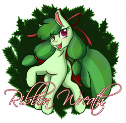 Size: 3743x3641 | Tagged: safe, artist:mscolorsplash, imported from derpibooru, oc, oc only, oc:ribbon wreath, earth pony, pony, christmas, christmas wreath, earth pony oc, eye clipping through hair, female, hair ribbon, high res, holiday, mare, open mouth, open smile, pigtails, simple background, smiling, solo, twintails, white background, wreath