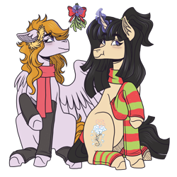 Size: 2800x2800 | Tagged: safe, artist:kikirdcz, imported from derpibooru, oc, oc only, oc:cookie byte, oc:tiz honolulu, pegasus, pony, unicorn, clothes, high res, leg warmers, magic, magic aura, mistletoe, scarf, simple background, transparent background