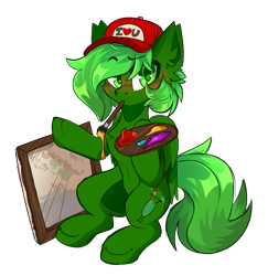 Size: 1273x1309 | Tagged: safe, artist:star-theft, imported from derpibooru, oc, oc only, oc:melon liqueur, pegasus, pony, brush, cap, ear fluff, easel, hat, mouth hold, paint, simple background, solo, transparent background