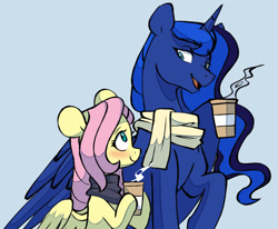 Size: 1649x1359 | Tagged: safe, artist:chub-wub, imported from derpibooru, fluttershy, princess luna, alicorn, pegasus, pony, blue background, blushing, clothes, coffee, coffee cup, cup, duo, female, lesbian, lunashy, mare, open mouth, raised hoof, scarf, shipping, simple background