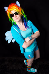 Size: 2000x3000 | Tagged: safe, artist:elathera, artist:xen photography, imported from derpibooru, rainbow dash, human, bronycon, bronycon 2014, black background, clothes, converse, cosplay, costume, high res, irl, irl human, multicolored hair, photo, rainbow hair, shoes, simple background, sneakers, sunglasses