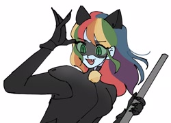 Size: 2048x1472 | Tagged: safe, artist:warnerstan2, imported from derpibooru, rainbow dash, equestria girls, adrien agreste, bell, cat bell, cat ears, catsuit, chat noir, claws, clothes, costume, crossover, cute, cute little fangs, fangs, female, gloves, halloween, halloween costume, mask, miraculous ladybug, simple background, solo, white background