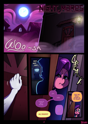 Size: 850x1200 | Tagged: safe, artist:slypon, imported from derpibooru, spoiled rich, anthro, earth pony, comic:night mares (series), comic:night mares 6, comic, dialogue, door, full moon, knocking, moon, offscreen character