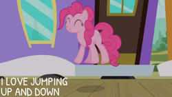 Size: 1280x720 | Tagged: safe, edit, edited screencap, editor:quoterific, imported from derpibooru, screencap, pinkie pie, earth pony, pony, rarity takes manehattan, season 4, ^^, cute, diapinkes, eyes closed, female, friendship express, jumping, mare, smiling, solo, train