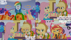 Size: 1280x720 | Tagged: safe, edit, edited screencap, editor:quoterific, imported from derpibooru, screencap, applejack, fluttershy, pinkie pie, rainbow dash, rarity, sci-twi, sunset shimmer, twilight sparkle, equestria girls, equestria girls series, holidays unwrapped, spoiler:eqg series (season 2), applejack's hat, bowtie, clothes, cowboy hat, cutie mark on clothes, dashing through the mall, denim skirt, female, geode of empathy, geode of fauna, geode of super speed, geode of super strength, glasses, hat, hoodie, humane five, humane seven, humane six, jacket, jewelry, leather, leather jacket, magical geodes, milkshake, necklace, open mouth, open smile, ponytail, present, rarity peplum dress, skirt, smiling