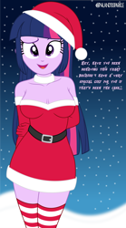 Size: 4252x7654 | Tagged: safe, artist:alandssparkle, derpibooru exclusive, imported from derpibooru, part of a set, twilight sparkle, equestria girls, absurd resolution, belt, breasts, busty twilight sparkle, christmas, cleavage, clothes, costume, dialogue, dreamworks face, dress, female, hands behind back, hat, holiday, looking at you, open mouth, open smile, santa costume, santa hat, signature, smiling, smiling at you, snow, socks, solo, stockings, striped socks, talking, talking to viewer, thigh highs, twilight sparkle (alicorn), zettai ryouiki