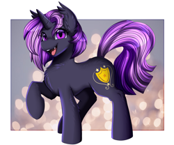 Size: 3309x2750 | Tagged: safe, artist:pridark, imported from derpibooru, oc, oc only, bat pony, bat pony unicorn, hybrid, pony, unicorn, commission, cute, eye clipping through hair, eyebrows, eyebrows visible through hair, fangs, high res, horn, looking at you, ocbetes, open mouth, open smile, raised hoof, raised tail, smiling, smiling at you, solo, tail