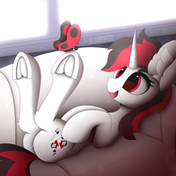 Size: 1920x1920 | Tagged: safe, artist:alexbefest, imported from derpibooru, oc, oc only, oc:blackjack, butterfly, pony, unicorn, fallout equestria, fallout equestria: project horizons, bed, butt, commission, couch, cute, fanfic art, frog (hoof), happy, high res, hooves up, horn, lying down, on back, on bed, plot, red, smiling, solo, underhoof, unicorn oc, window, ych result