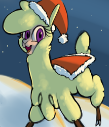 Size: 1516x1764 | Tagged: safe, artist:hitsuji, imported from derpibooru, alpaca, them's fightin' herds, blanket, christmas, cloven hooves, community related, hat, holiday, looking at you, paprika (tfh), santa hat, snow, solo, style emulation