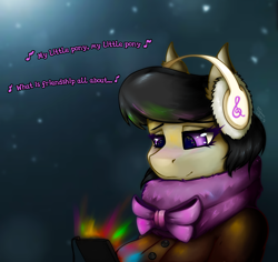 Size: 2288x2160 | Tagged: safe, artist:shamziwhite, imported from derpibooru, octavia melody, anthro, earth pony, pony, bust, clothes, coat, fanart, female, headphones, high res, mare, phone, portrait, scarf, smiling, snow, winter, winter outfit