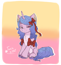 Size: 2573x2767 | Tagged: safe, artist:toxix kitkat, imported from derpibooru, izzy moonbow, pony, unicorn, abstract background, bedroom eyes, bow, chest fluff, cute, ear fluff, female, g5, gradient background, hair bow, high res, izzybetes, lidded eyes, looking at you, mare, my little pony: a new generation, pale belly, ribbon, sitting, smiling, smiling at you, solo