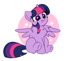 Size: 5179x4449 | Tagged: safe, artist:kittyrosie, imported from derpibooru, twilight sparkle, alicorn, pony, :p, blushing, chest fluff, cute, ear fluff, female, full body, high res, horn, mare, multicolored mane, multicolored tail, purple eyes, simple background, sitting, smiling, solo, spread wings, starry eyes, stars, tail, tongue out, twiabetes, twilight sparkle (alicorn), underhoof, weapons-grade cute, white background, wingding eyes, wings