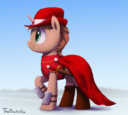 Size: 1714x1534 | Tagged: safe, artist:thebowtieone, imported from derpibooru, oc, oc:heroic armour, pony, unicorn, bowler hat, cape, clothes, femboy, girly, hat, male, red mage, solo, stallion, sword, weapon