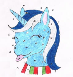 Size: 893x940 | Tagged: safe, artist:assertiveshypony, imported from derpibooru, minuette, pony, unicorn, closed eye, clothes, drawing, scarf, simple background, snow, tongue out, traditional art, white background