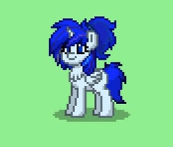 Size: 434x368 | Tagged: safe, artist:mns, imported from derpibooru, oc, oc only, oc:sapphire cobastal, alicorn, pony, pony town, alicorn oc, blue eyes, blue mane, blue tail, female, folded wings, full body, green background, horn, mare, shadow, simple background, smiling, solo, standing, tail, wings