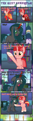 Size: 1057x3876 | Tagged: safe, artist:shootingstarsentry, imported from derpibooru, oc, oc:nightshade (digimonlover101), oc:star curve, changepony, hybrid, pony, unicorn, comic:the next generation, book, bookshelf, clothes, comic, dress, interspecies offspring, offspring, parent:king sombra, parent:queen chrysalis, parent:starlight glimmer, parent:sunburst, parents:chrysombra, parents:starburst