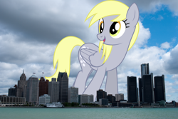 Size: 1800x1205 | Tagged: safe, artist:dashiesparkle, artist:thegiantponyfan, imported from derpibooru, derpy hooves, pegasus, pony, background pony, derpyzilla, detroit, female, folded wings, giant derpy hooves, giant pegasus, giant pony, giantess, highrise ponies, irl, macro, mare, mega giant, michigan, open mouth, open smile, photo, ponies in real life, smiling, wings
