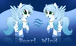 Size: 7156x4378 | Tagged: safe, artist:rioshi, artist:starshade, imported from derpibooru, oc, oc only, oc:pearl wind, pegasus, pony, 2021, absurd resolution, base used, blue background, blue mane, cute, female, food, gradient background, green eyes, mare, pear, reference sheet, simple background, solo, starry eyes, white body, wingding eyes