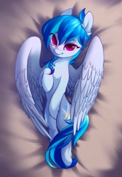 Size: 1408x2048 | Tagged: source needed, safe, artist:blue ink, imported from derpibooru, oc, oc only, oc:valor compassion, pegasus, pony, bedroom eyes, body pillow, body pillow design, female, looking at you, lying down, pegasus oc, raised hoof, solo
