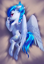Size: 1408x2048 | Tagged: source needed, safe, artist:blue ink, imported from derpibooru, oc, oc only, oc:valor compassion, pegasus, pony, body pillow, body pillow design, butt, feather, female, frog (hoof), gem, jewelry, looking at you, looking back, necklace, pegasus oc, plot, solo, underhoof