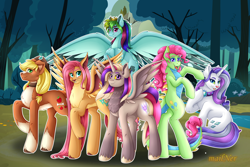 Size: 8086x5406 | Tagged: safe, artist:mailner, imported from derpibooru, applejack, fluttershy, gummy, manny roar, opalescence, owlowiscious, pinkie pie, rainbow dash, rarity, tank, twilight sparkle, winona, alicorn, bird, cat, cat pony, crocodile, dog, dog pony, manticore, original species, owl, pegasus, pony, tortoise, unicorn, absurd file size, absurd resolution, appledog, applejack's hat, bipedal, collar, colored hooves, colored wings, cowboy hat, crossed arms, fangs, female, flying, fusion, grin, hat, hooves, horn, jewelry, looking at you, male, mane six, mare, necklace, raised hoof, raricat, redesign, smiling, smiling at you, spread wings, tail, wall of tags, we have become one, wings, wrinkles