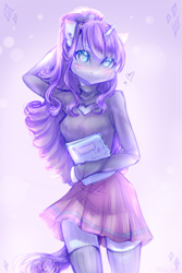 Size: 2000x3000 | Tagged: safe, artist:zefirka, imported from derpibooru, rarity, anthro, unicorn, adorasexy, arm behind head, blushing, boob window, breasts, busty rarity, clothes, cute, ear blush, ear piercing, earring, heart, high res, jewelry, keyhole turtleneck, looking at you, notebook, piercing, pleated skirt, raribetes, sexy, skirt, socks, solo, sweater, sweater puppies, thigh highs, thighs, turtleneck, zettai ryouiki