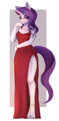 Size: 1287x2636 | Tagged: safe, artist:vetta, imported from derpibooru, rarity, anthro, unguligrade anthro, unicorn, bracelet, clothes, dress, female, glasses, jewelry, necklace, rarity's glasses, red dress, side slit, solo, unshorn fetlocks