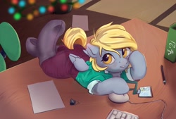 Size: 2300x1557 | Tagged: safe, artist:drafthoof, imported from derpibooru, derpy hooves, pegasus, pony, badge, clothes, computer mouse, keyboard, looking up, lying down, office, pen, skirt, solo, stockings, table, the pose, thigh highs